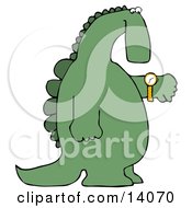 Green Dino Looking At His Wrist Watch To Check The Time