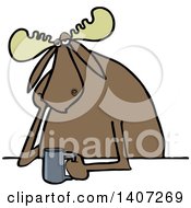 Cartoon Depressed Or Tired Moose Sitting With A Cup Of Coffee