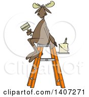 Clipart Of A Cartoon Painter Moose Sitting On A Ladder And Holding A Brush Royalty Free Vector Illustration
