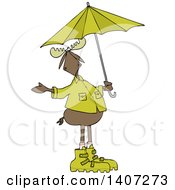Poster, Art Print Of Cartoon Moose In Rain Gear Holding An Umbrella