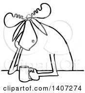 Poster, Art Print Of Cartoon Black And White Lineart Depressed Or Tired Moose Sitting With A Cup Of Coffee