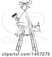 Poster, Art Print Of Cartoon Black And White Lineart Painter Moose Sitting On A Ladder And Holding A Brush