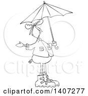 Cartoon Black And White Lineart Moose In Rain Gear Holding An Umbrella