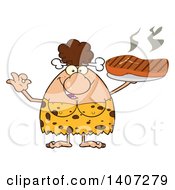 Poster, Art Print Of Brunette Cave Woman Gesturing Ok And Holding A Grilled Steak