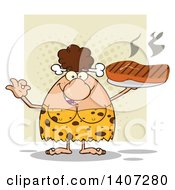 Poster, Art Print Of Brunette Cave Woman Gesturing Ok And Holding A Grilled Steak On Green