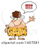 Clipart Of A Brunette Cave Woman Talking And Waving Royalty Free Vector Illustration