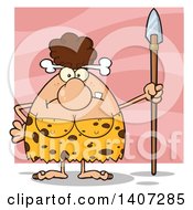 Clipart Of A Mad Brunette Cave Woman Holding A Spear On Pink Royalty Free Vector Illustration