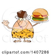 Poster, Art Print Of Brunette Cave Woman Gesturing Ok And Serving A Cheeseburger