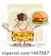 Poster, Art Print Of Brunette Cave Woman Gesturing Ok And Serving A Cheeseburger On Green