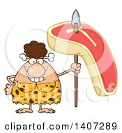 Clipart Of A Brunette Cave Woman Holding A Raw Steak On A Spear Royalty Free Vector Illustration