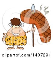 Poster, Art Print Of Brunette Cave Woman Holding A Grilled Steak On A Spear