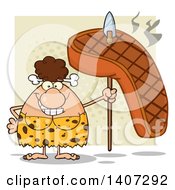 Poster, Art Print Of Brunette Cave Woman Holding A Grilled Steak On A Spear On Green