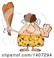 Clipart Of A Mad Brunette Cave Woman Holding A Club And Gesturing To Stop Royalty Free Vector Illustration