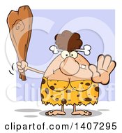 Poster, Art Print Of Mad Brunette Cave Woman Holding A Club And Gesturing To Stop On Purple