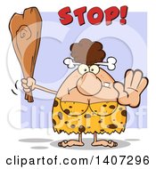Mad Brunette Cave Woman Holding A Club And Gesturing To Stop On Purple