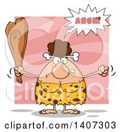 Poster, Art Print Of Mad Brunette Cave Woman Waving A Fist And Club On Pink