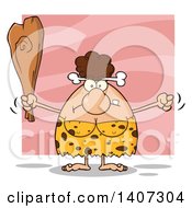 Clipart Of A Mad Brunette Cave Woman Waving A Fist And Club On Pink Royalty Free Vector Illustration