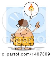 Poster, Art Print Of Brunette Cave Woman Thinking About Fire On Blue