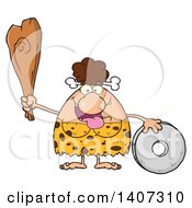Poster, Art Print Of Brunette Cave Woman With A Stone Wheel And Club