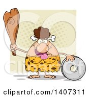 Poster, Art Print Of Brunette Cave Woman With A Stone Wheel And Club On Tan