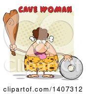 Poster, Art Print Of Brunette Cave Woman With A Stone Wheel And Club On Tan