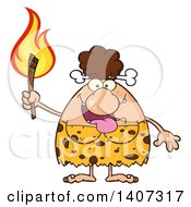 Clipart Of A Brunette Cave Woman Holding A Torch Royalty Free Vector Illustration