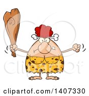 Clipart Of A Mad Red Haired Cave Woman Waving A Fist And Club Royalty Free Vector Illustration