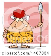 Poster, Art Print Of Mad Red Haired Cave Woman Holding A Spear On Pink