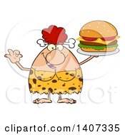 Poster, Art Print Of Red Haired Cave Woman Gesturing Ok And Serving A Cheeseburger