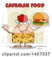 Poster, Art Print Of Red Haired Cave Woman Gesturing Ok And Serving A Cheeseburger On Green