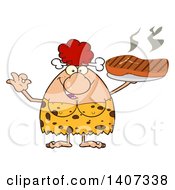 Clipart Of A Red Haired Cave Woman Gesturing Ok And Holding A Grilled Steak Royalty Free Vector Illustration