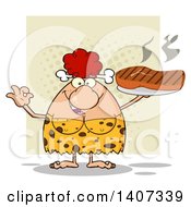 Poster, Art Print Of Red Haired Cave Woman Gesturing Ok And Holding A Grilled Steak On Green