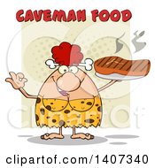 Poster, Art Print Of Red Haired Cave Woman Gesturing Ok And Holding A Grilled Steak On Green