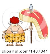 Clipart Of A Red Haired Cave Woman Holding A Raw Steak On A Spear Royalty Free Vector Illustration by Hit Toon