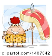 Clipart Of A Red Haired Cave Woman Holding A Raw Steak On A Spear On Blue Royalty Free Vector Illustration
