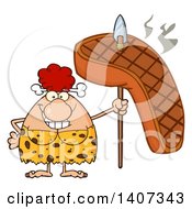 Poster, Art Print Of Red Haired Cave Woman Holding A Grilled Steak On A Spear