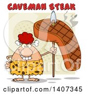 Red Haired Cave Woman Holding A Grilled Steak On A Spear On Green