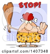 Clipart Of A Mad Red Haired Cave Woman Holding A Club And Gesturing To Stop On Purple Royalty Free Vector Illustration