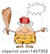Clipart Of A Mad Red Haired Cave Woman Waving A Fist And Club Royalty Free Vector Illustration