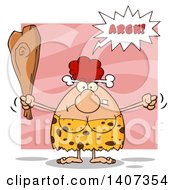 Clipart Of A Mad Red Haired Cave Woman Waving A Fist And Club On Pink Royalty Free Vector Illustration