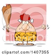Mad Red Haired Cave Woman Waving A Fist And Club On Pink