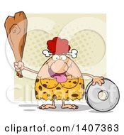 Poster, Art Print Of Red Haired Cave Woman With A Stone Wheel And Club On Tan