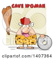 Poster, Art Print Of Red Haired Cave Woman With A Stone Wheel And Club On Tan