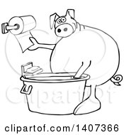 Cartoon Black And White Lineart Pig Washing His Hands In A Tub And Reaching For Paper Towels