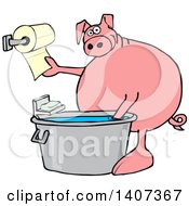 Cartoon Pig Washing His Hands In A Tub And Reaching For Paper Towels