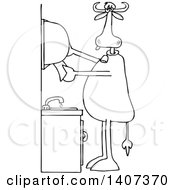 Clipart Of A Cartoon Black And White Lineart Cow Grabbing Paper Towels After Washing His Hands Royalty Free Vector Illustration by djart