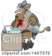 Cartoon Cowboy Cow Washing His Hands In A Sudsy Sink With Soap In His Gun Holster