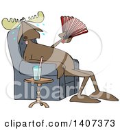 Cartoon Hot Sweaty Moose Sitting In A Chair And Fanning Himself By A Cup Of Water