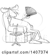 Clipart Of A Cartoon Black And White Lineart Hot Sweaty Moose Sitting In A Chair And Fanning Himself By A Cup Of Water Royalty Free Vector Illustration