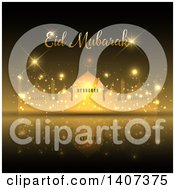 Clipart Of An Eid Mubarak Background With A Silhouetted Mosque And Text Royalty Free Vector Illustration